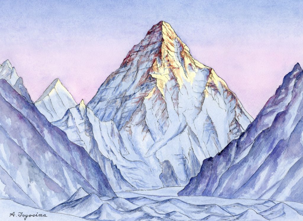 【水彩画】三水公平/ヒマラヤ/ネパール/真作/絵画/額付き/山脈/山 朝日に輝くK2 | 山の絵つなぐサイトbyjRO
